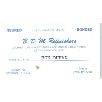 BDM Refinishers Ron Duhan Baytown TX Vintage Business Card SD8-B3