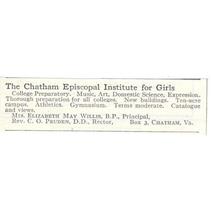 Chatham VA Episcopal Institute Elizabeth May Willis c1918 Advertisement AE5-SA4