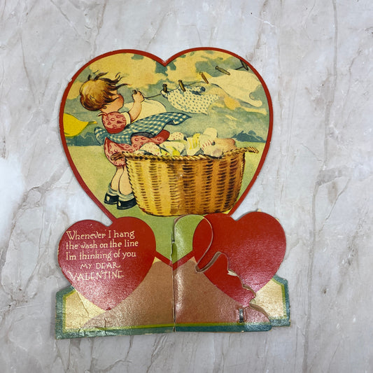 Vintage Honeycomb Tissue Fold Out Valentine Girl Hanging Laundry L4-3