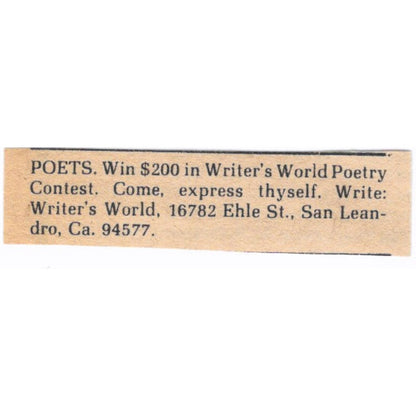 Writer's World Poetry Contest San Leandro CA - 1/2x2 1974 Ad AF6-S8