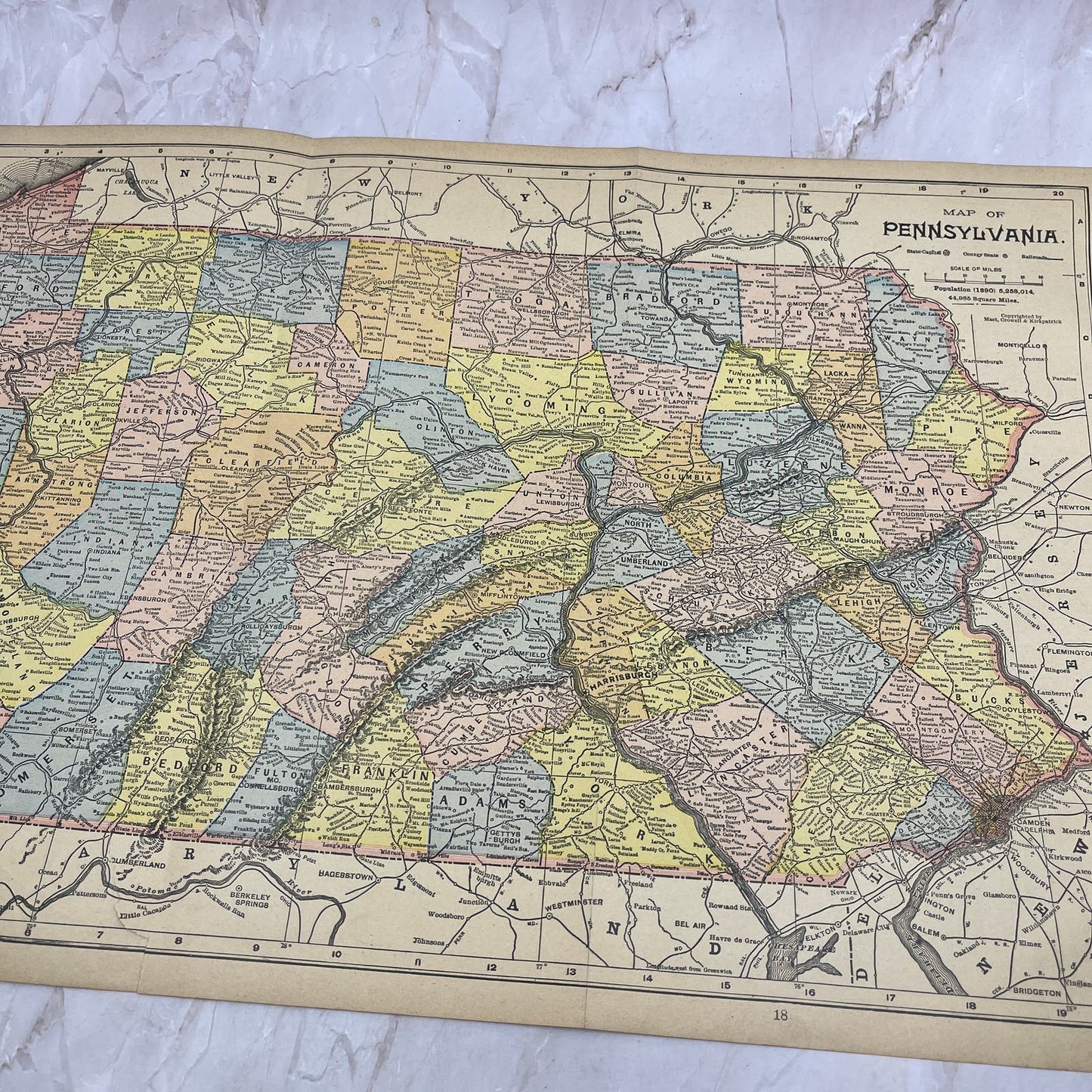 1899 Map of Pennsylvania Fold Out Original Tinted Map Engraving FL6-8