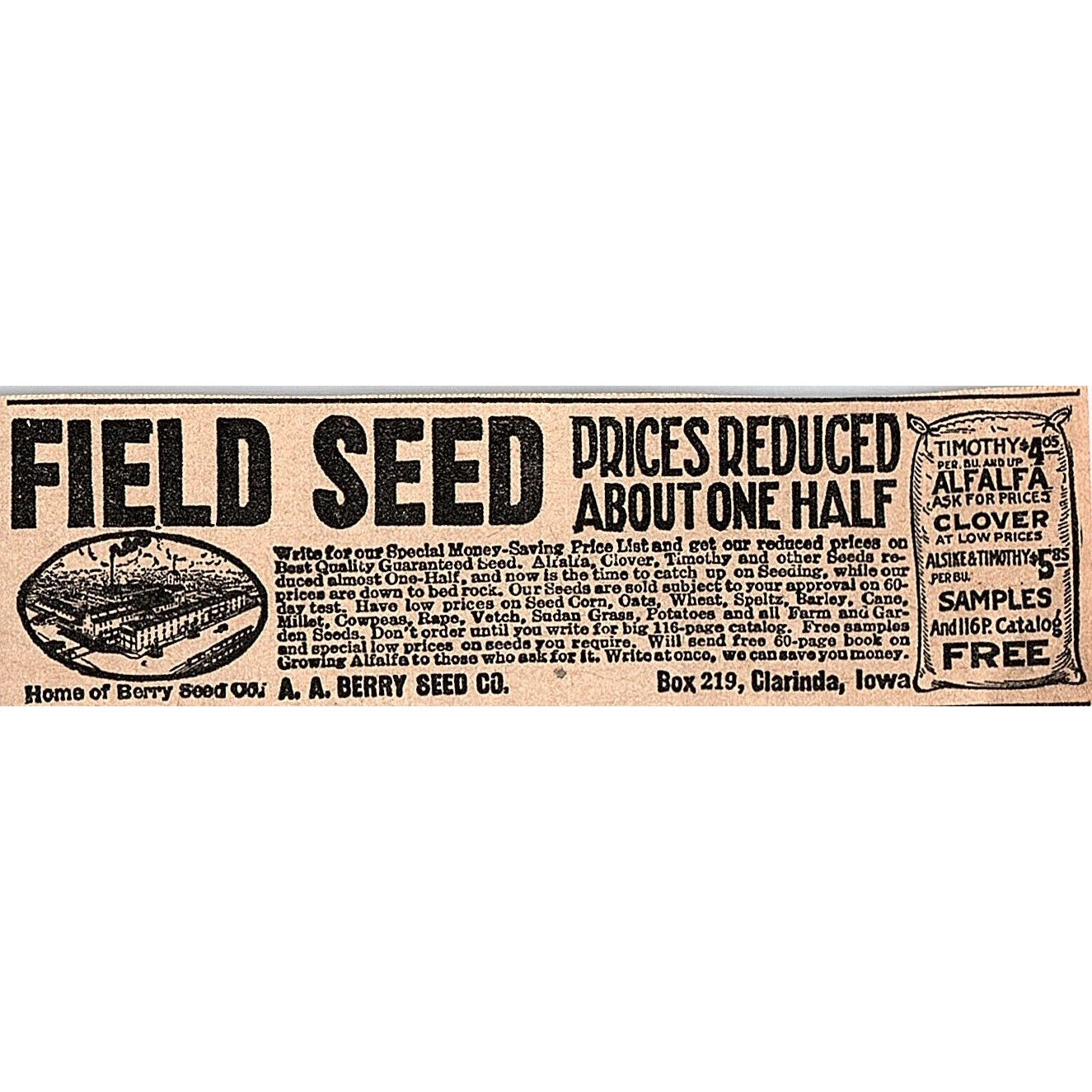A.A. Berry Seed Co Field Seed Clarinda Iowa 1920 Ad AG2-M2