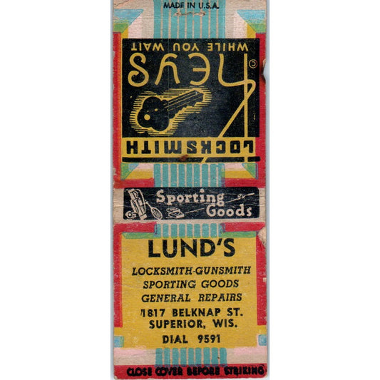Lund's Locksmith Sporting Goods Superior WI Vintage Matchbook Cover SD4-Y15