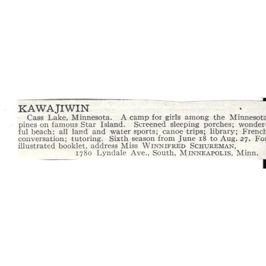 Kawajiwin Minneapolis MN Miss Winnifred Schureman c1920 Harper's Ad AG4-S7