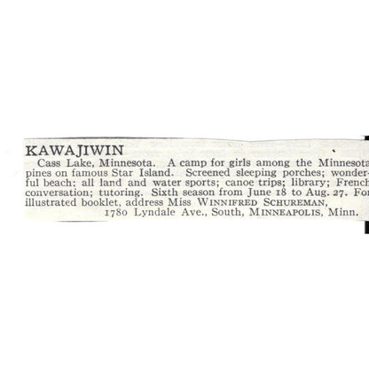 Kawajiwin Minneapolis MN Miss Winnifred Schureman c1920 Harper's Ad AG4-S7