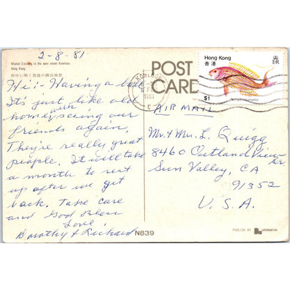 1981 Market in Open Street Kowloon Hong Kong 4x6 Original Postcard PD1