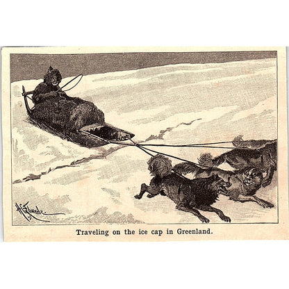 Dog Sled Traveling on Ice Cap in Greenland 3x4" 1901 Engraving AF6-M13