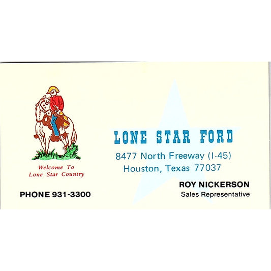 Lone Star Ford Roy Nickerson Houston Texas Vintage Business Card SF3-B2