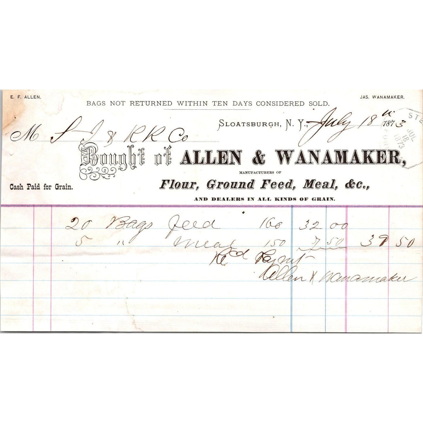 E.F. Allen & Wanamaker Dry Goods Sloatsburg NY 1873 Billhead & Receipt C29