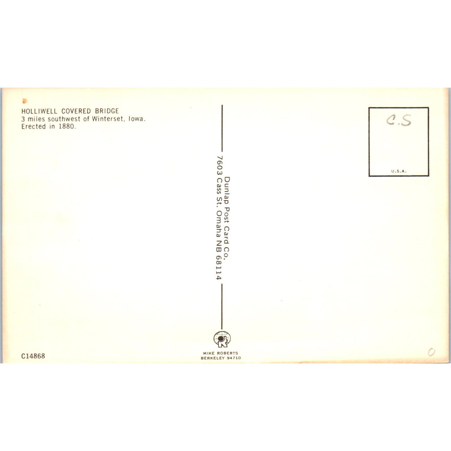 Holliwell Covered Bridge Winterset IA Vintage Covered Bridge Postcard PC14