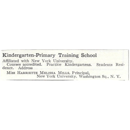 Kindergarten-Primary School Harriette Melissa Mills NY c1918 Ad AE5-SA10