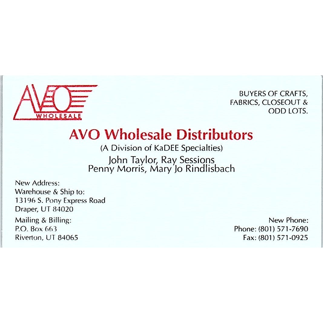 AVO Wholesale Distributors John Taylor Riverton UT Vintage Business Card SC9-B8