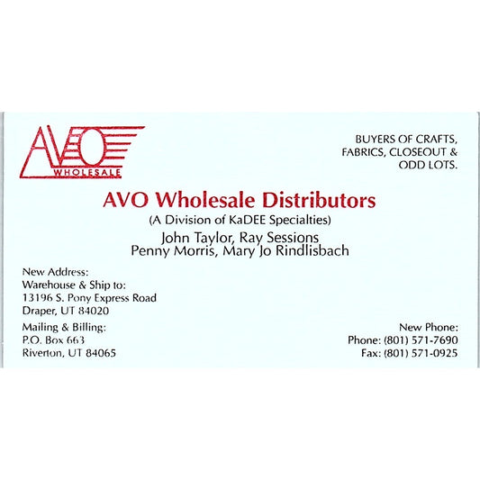 AVO Wholesale Distributors John Taylor Riverton UT Vintage Business Card SC9-B8