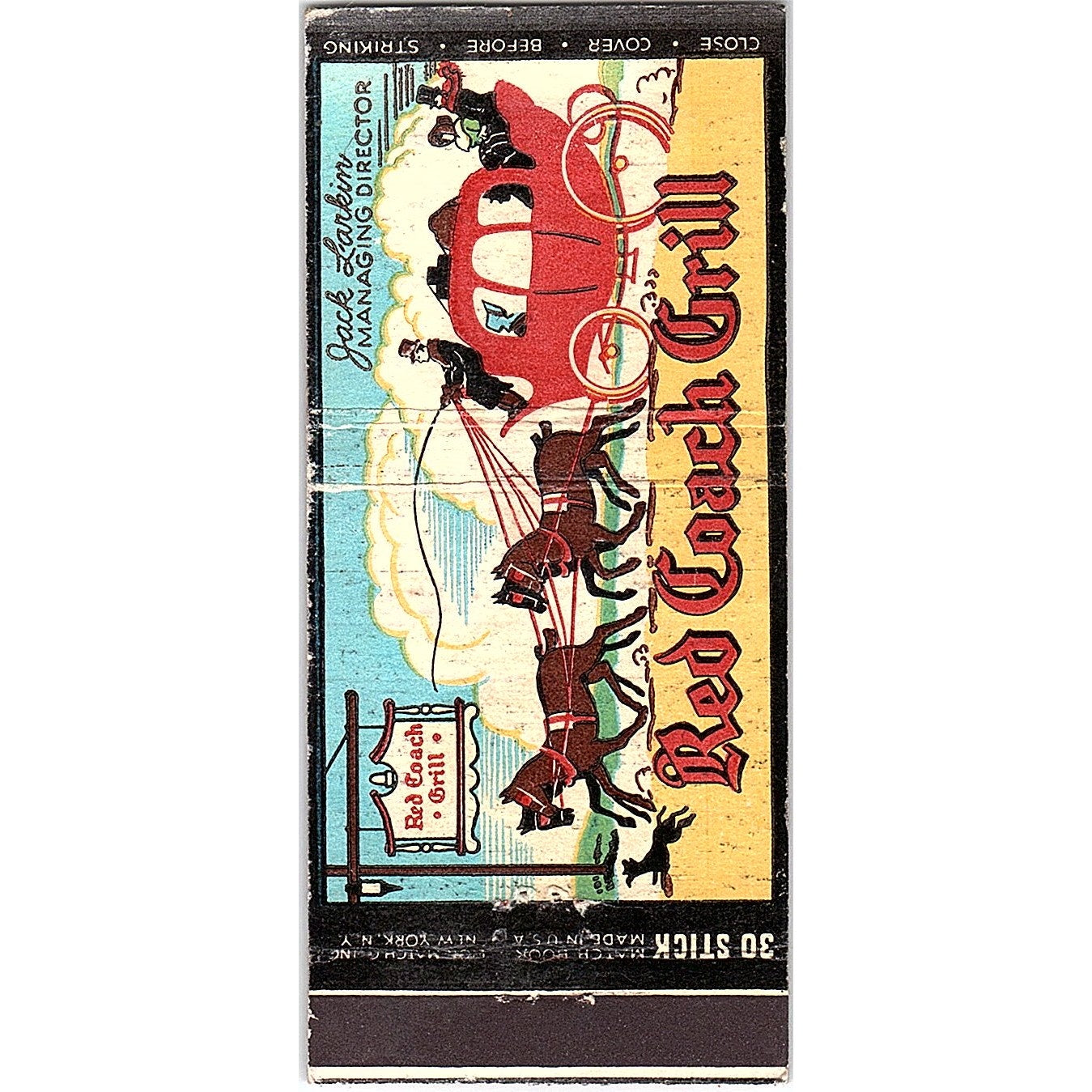 Red Coach Grill Jack Larkin Boston MA Vintage Matchbook MM4-10