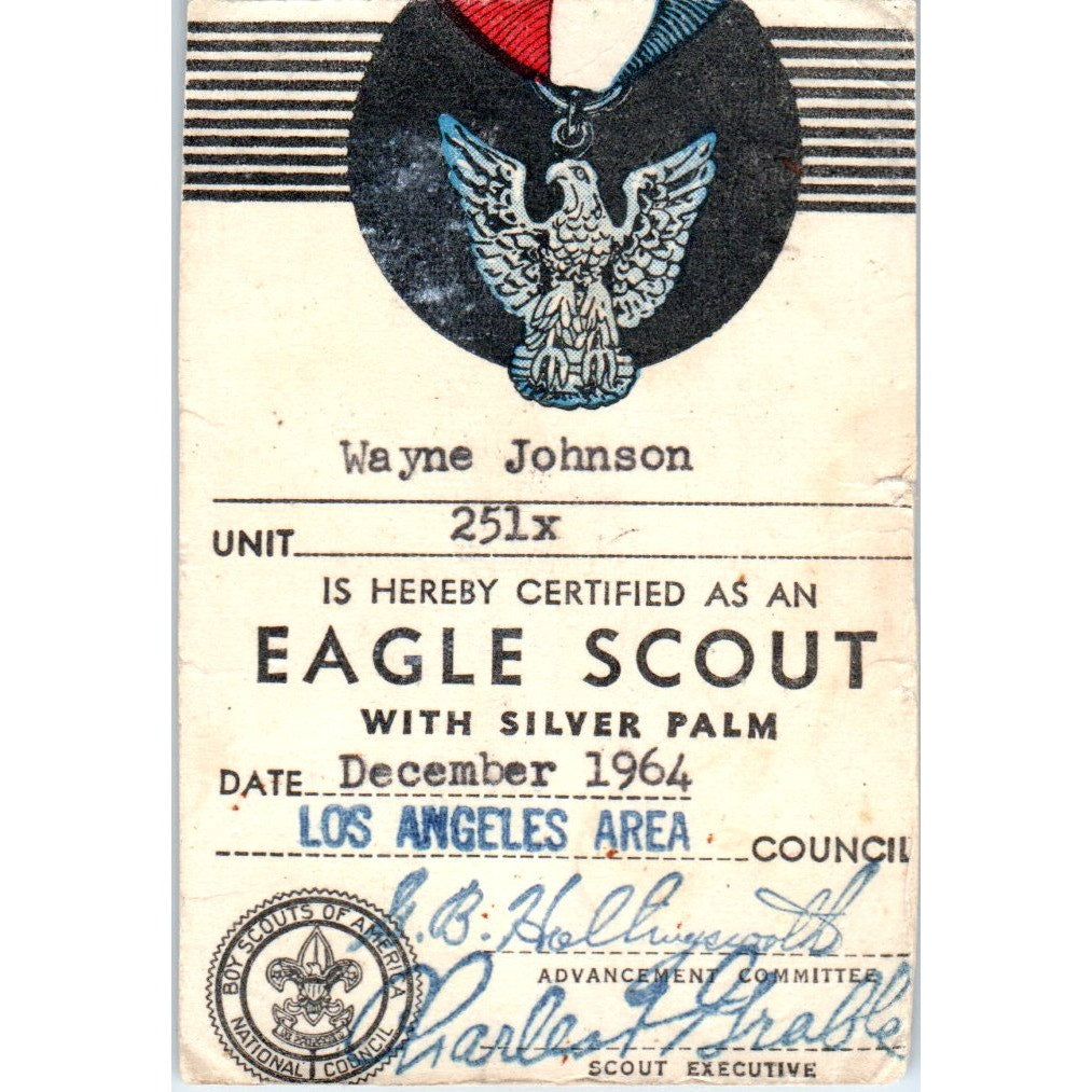 1964 Eagle Scout With Silver Palm Card Wayne Johnson Los Angeles CA AD8-RS1