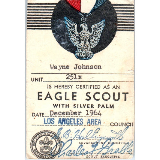 1964 Eagle Scout With Silver Palm Card Wayne Johnson Los Angeles CA AD8-RS1