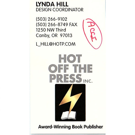 Lynda Hill Hot Off The Press Inc Canby OR Vintage Business Card SC9-B8