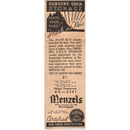 Menzels Cold Storage Nicollet 2x5" 1935 Minneapolis Journal Advertisement AE7-N1
