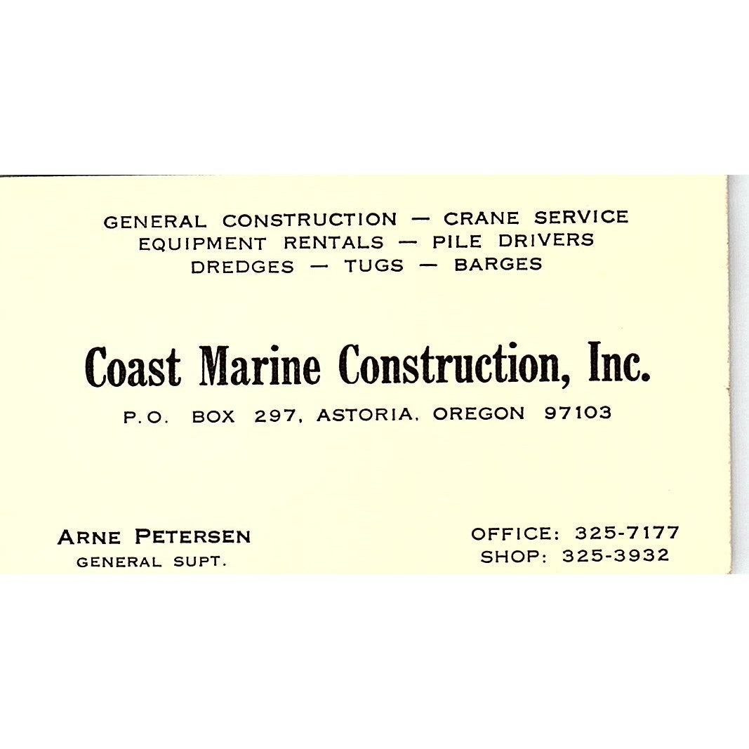 Arne Petersen Coast Marine Construction Astoria OR Vintage Business Card SD9-B3