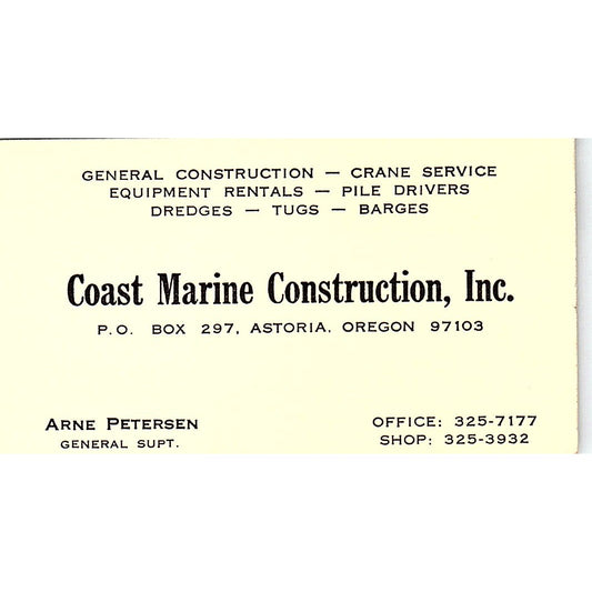 Arne Petersen Coast Marine Construction Astoria OR Vintage Business Card SD9-B3