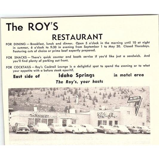 The Roy's Restaurant Idaho Springs CO 1958 Ad AG1-H4