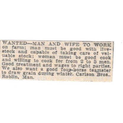 Carlson Bros. Farm Help Wanted Roblin Manitoba 1920 Ad AG2-S4