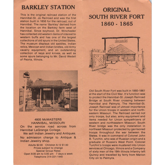 Vintage Original South River Fort Hannibal Missouri Travel Brochure H5-5
