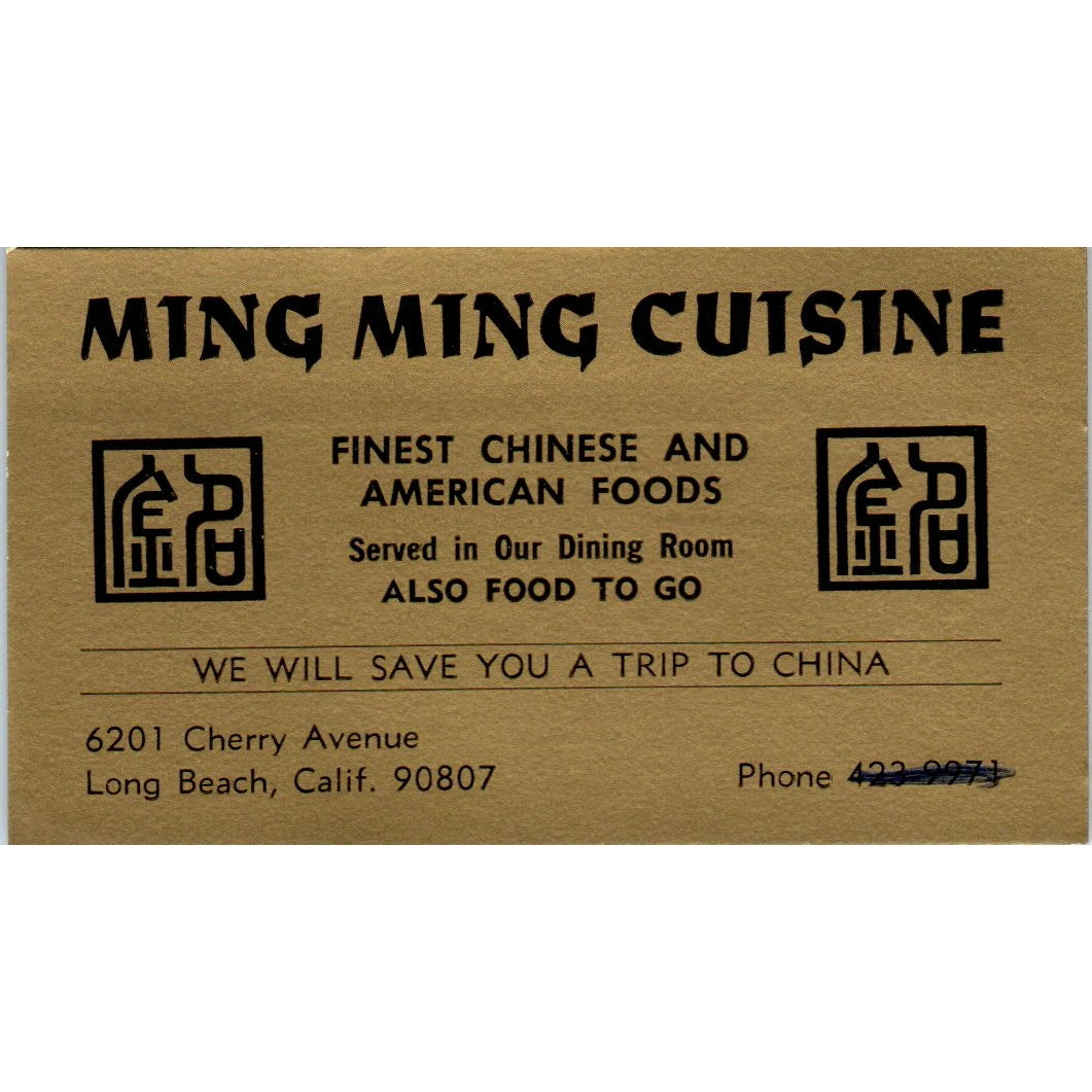Ming Ming Cuisine Chinese Restaurant Long Beach CA Vintage Business Card SE3-B6