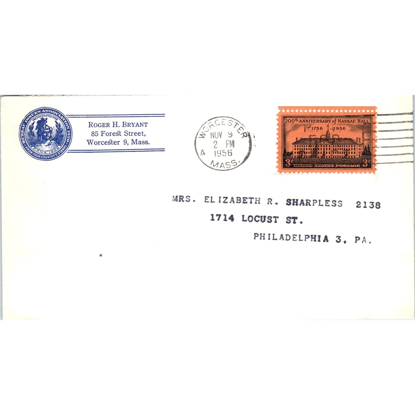 1956 Roger H. Bryant Worcester Mass Nassau Hall 200th Stamp Envelope TG7-PC1