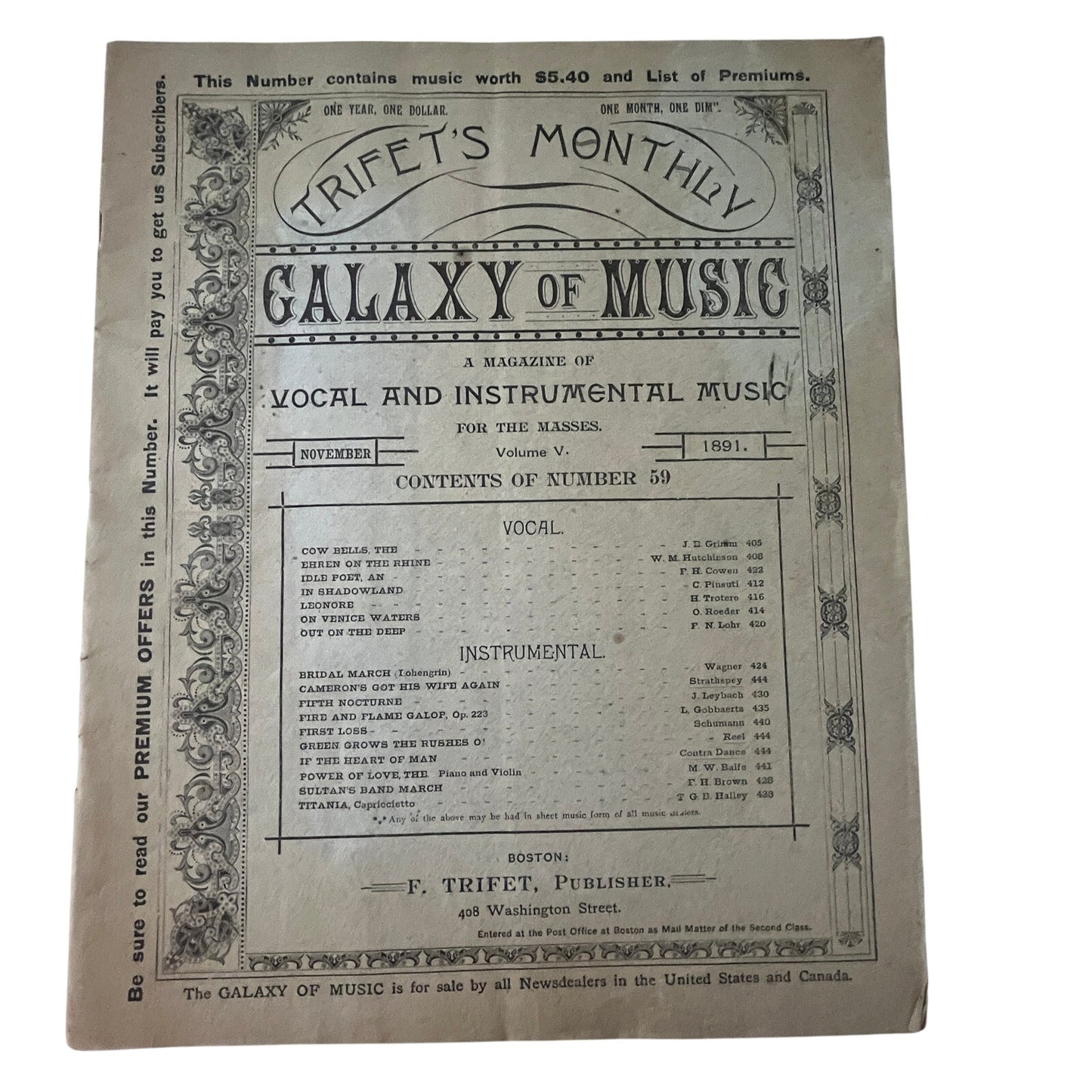 Trifet's Monthly Galaxy of Music 1889 Original Music Catalog Magazine V33-4