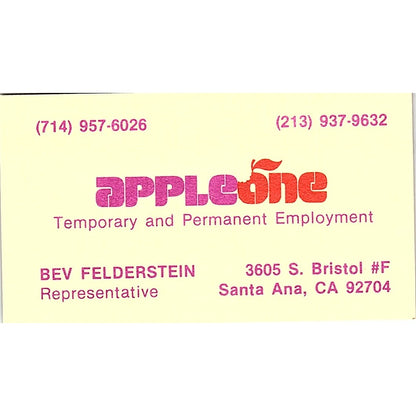 Appleone Employment Bev Felderstein Santa Ana CA Vintage Business Card SF3-B7