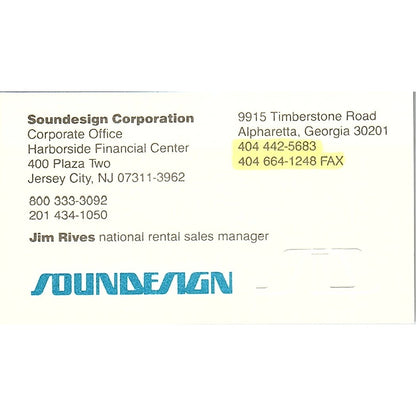 Soundesign Jim Rives Jersey City NJ Vintage Business Card SC9-B10