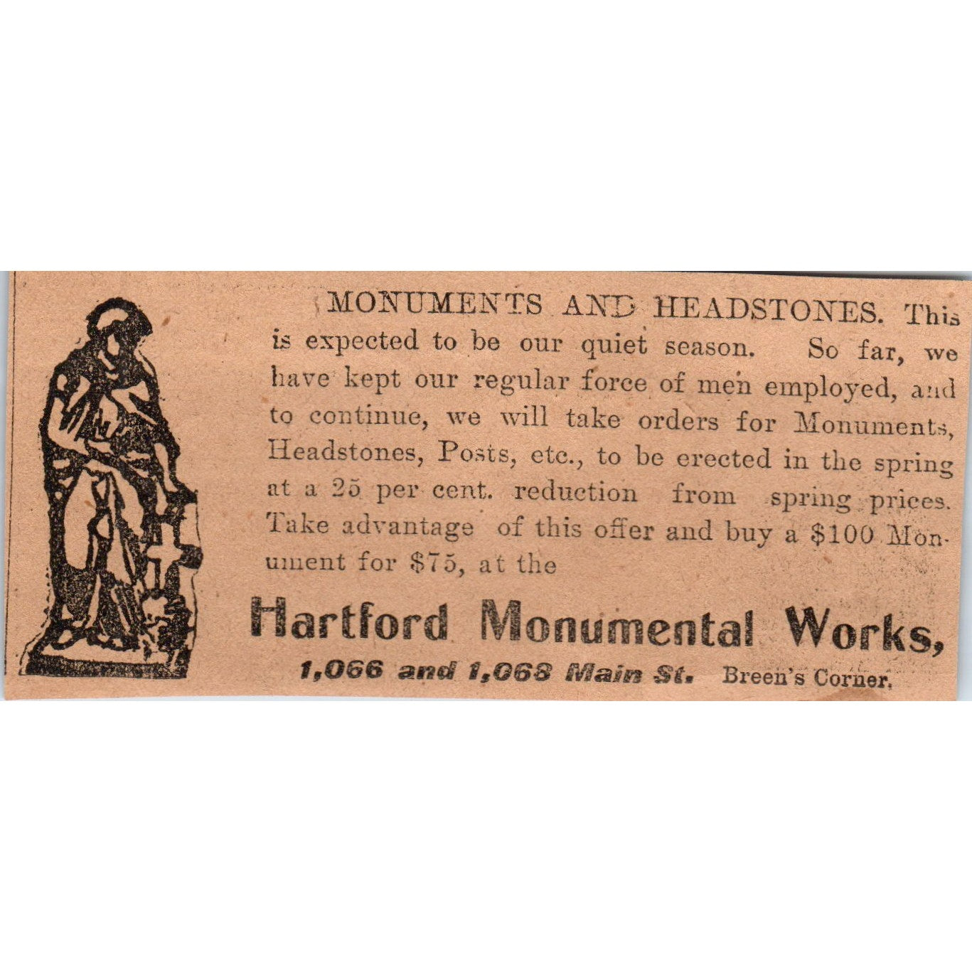 Hartford Monumental Works Headstones Breen's Corner 1901 Newspaper Ad AD8-H2
