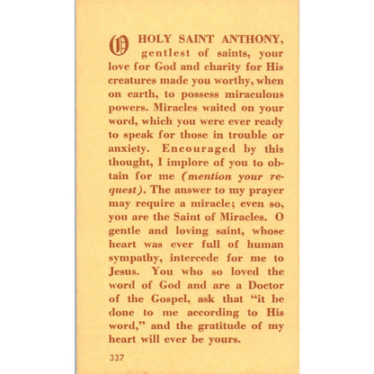Efficacious Prayer to St. Anthony Vintage Catholic Prayer Card TH2-PC1