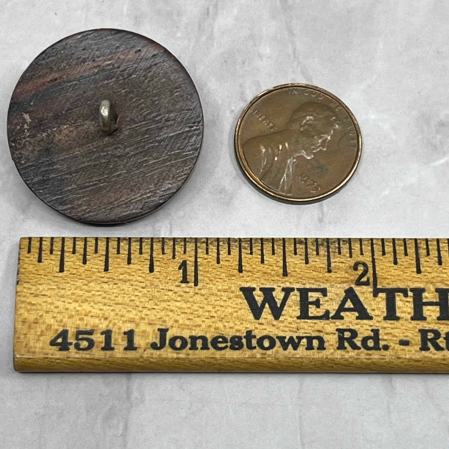 Vintage 2 Tone Carved Wood Black and Tan Button 1" SE2