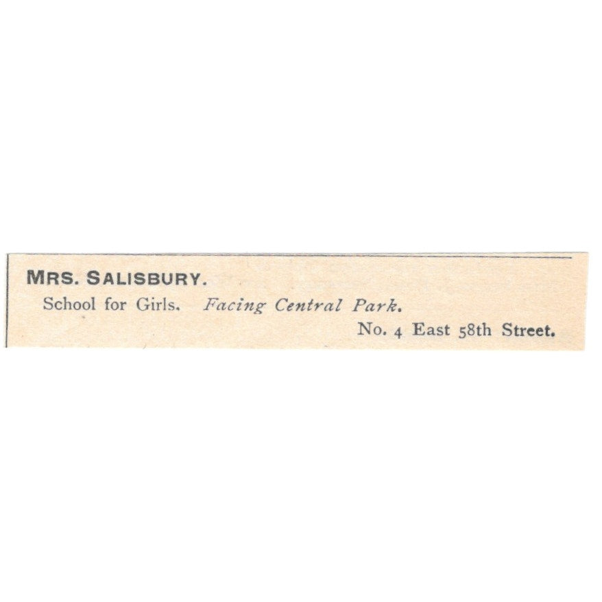 Mrs. Salisbury School for Girls Facing Central Park NY 1892 Magazine Ad AB6-S3