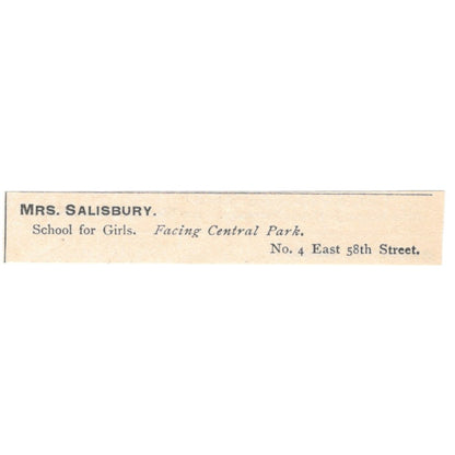 Mrs. Salisbury School for Girls Facing Central Park NY 1892 Magazine Ad AK6-S3