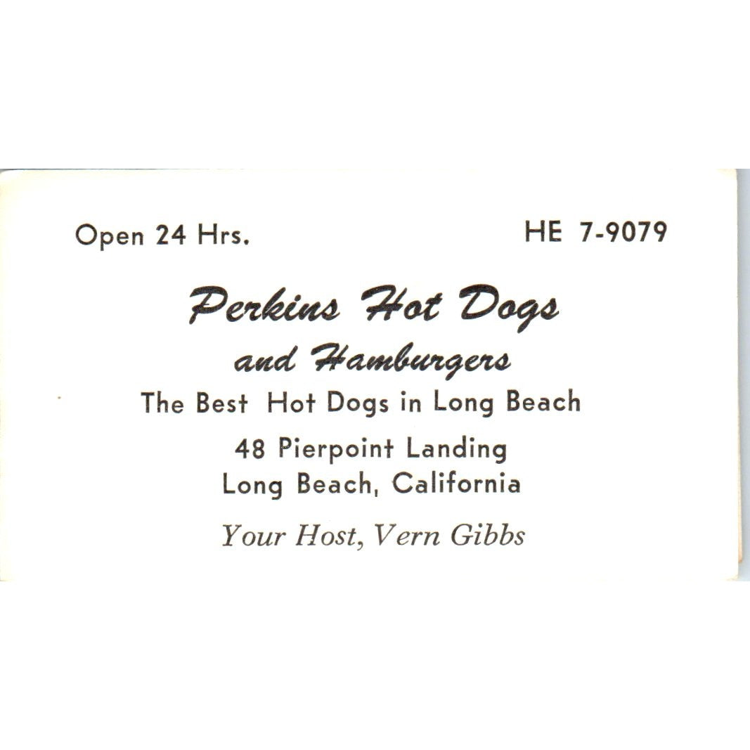 Perkins Hot Dogs Long Beach CA Vern Gibbs Vintage Business Card SD8-B7