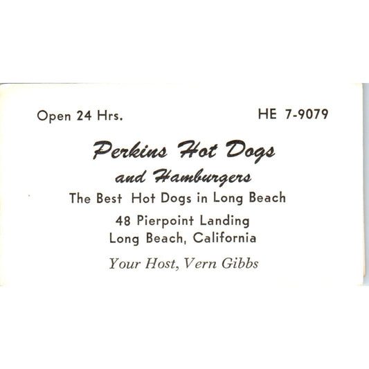 Perkins Hot Dogs Long Beach CA Vern Gibbs Vintage Business Card SD8-B7