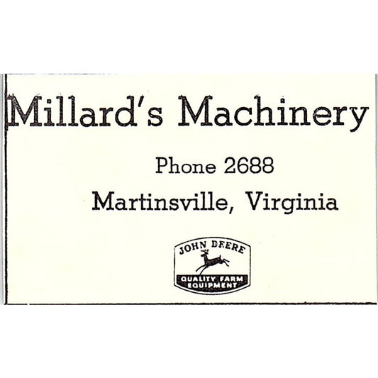 Millard's Machinery John Deere Martinsville VA 1960s Ad AG2-S7