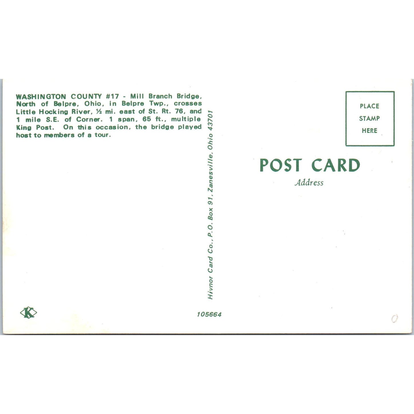 Mill Branch Bridge Washington County #7 Belpre OH Covered Bridge Postcard PB12