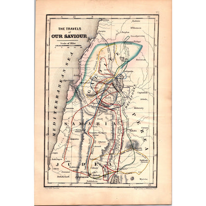 1864 Original Map of Travels of Our Savior Jesus Christ Tinted Engraving AJ6-2