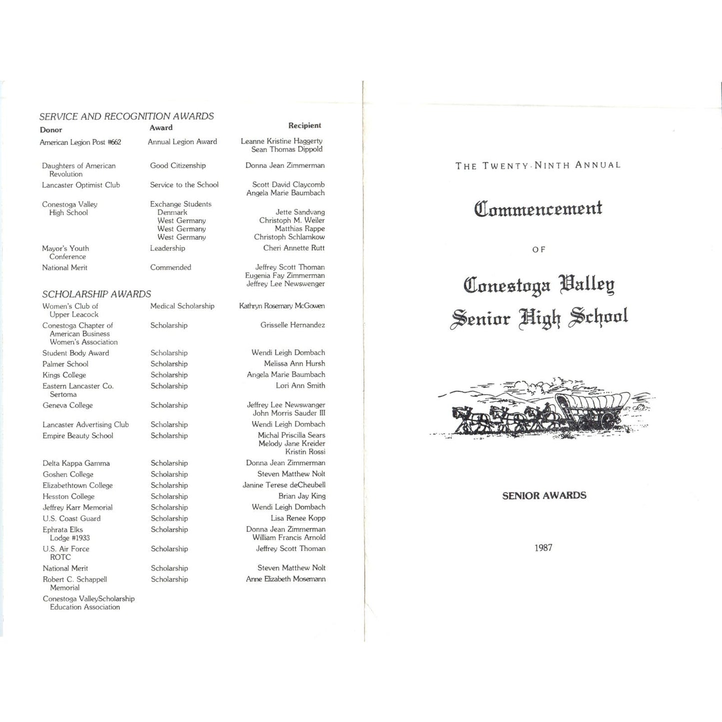 1987 Conestoga Valley High School Commencement Program Lancaster Co PA AE5