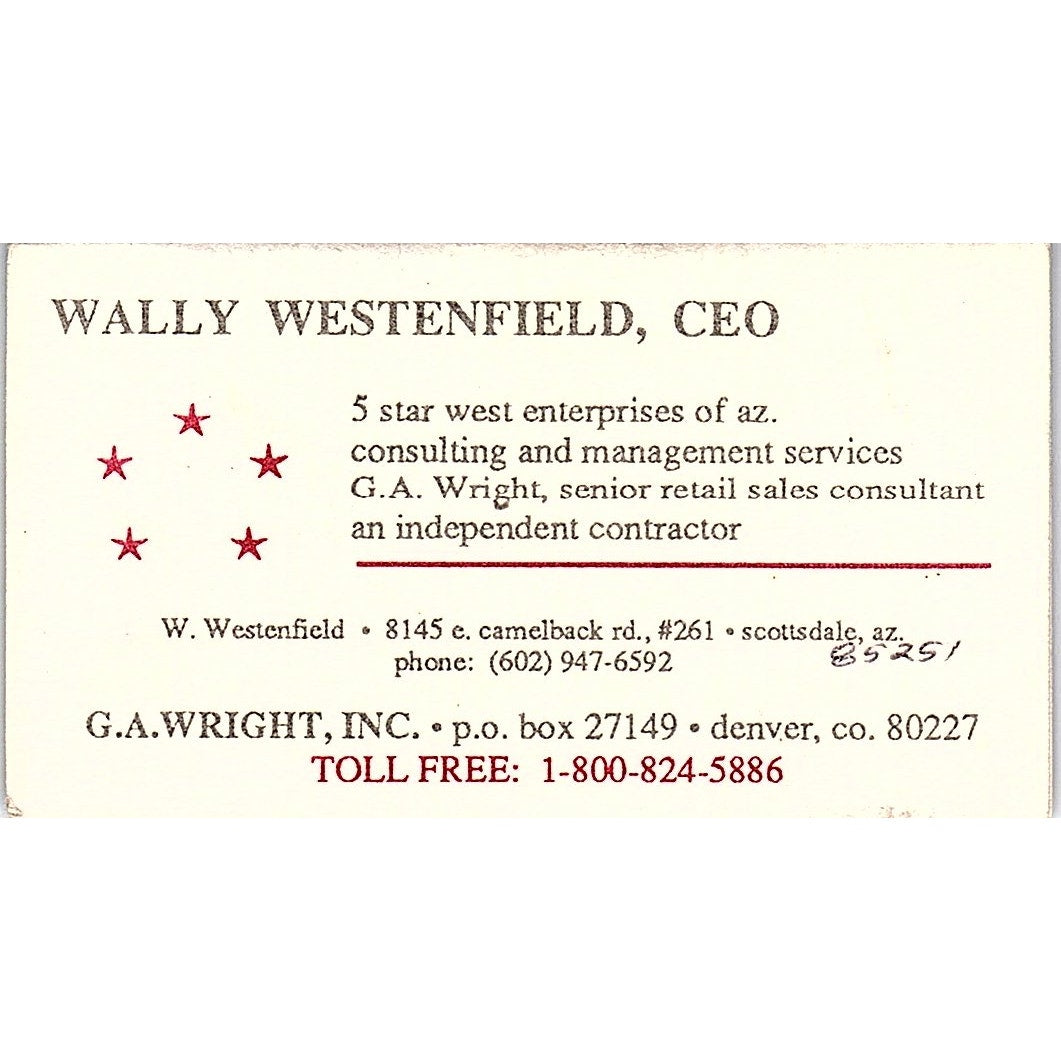 Wally Westenfield G.A. Wright Inc Scottsdale AZ Vintage Business Card SC9-B5