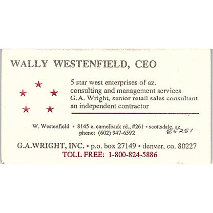 Wally Westenfield G.A. Wright Inc Scottsdale AZ Vintage Business Card SC9-B5