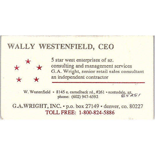 Wally Westenfield G.A. Wright Inc Scottsdale AZ Vintage Business Card SC9-B5