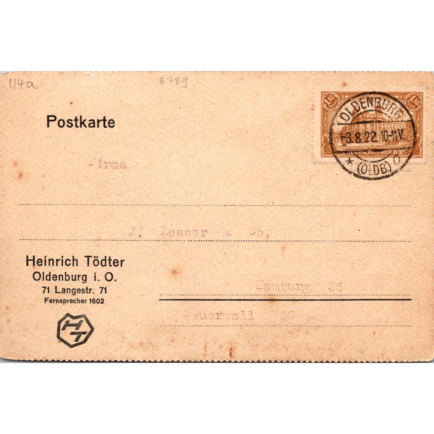 Heinrich Tödter Oldenburg Firma J Lesser & Co 1922 German Reich Postcard P5-12