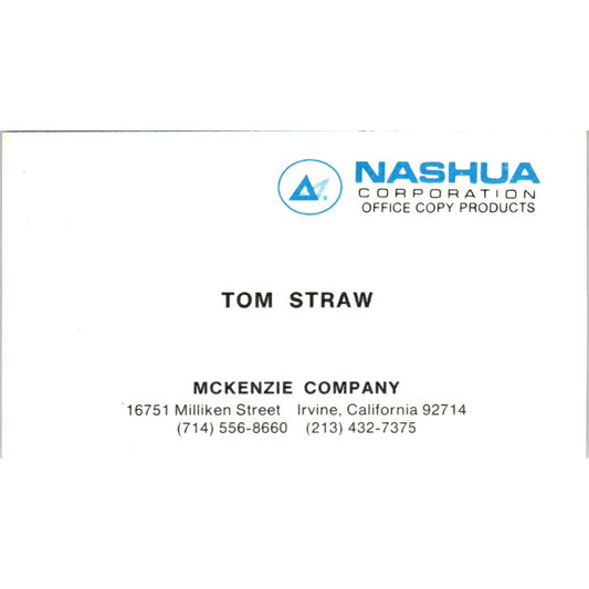 Tom Straw Nashua Corp McKenzie Co Irvine CA Vintage Business Card SE3-B5