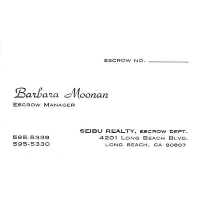 Barbara Moonan Seibu Realty Long Beach CA Vintage Business Card SD8-B1
