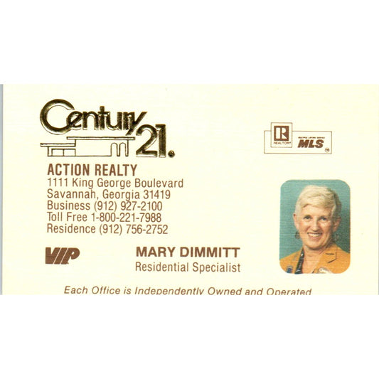 Mary Dimmitt Action Realty Century 21 Realty Savannah Vtg Business Card SD4-B5
